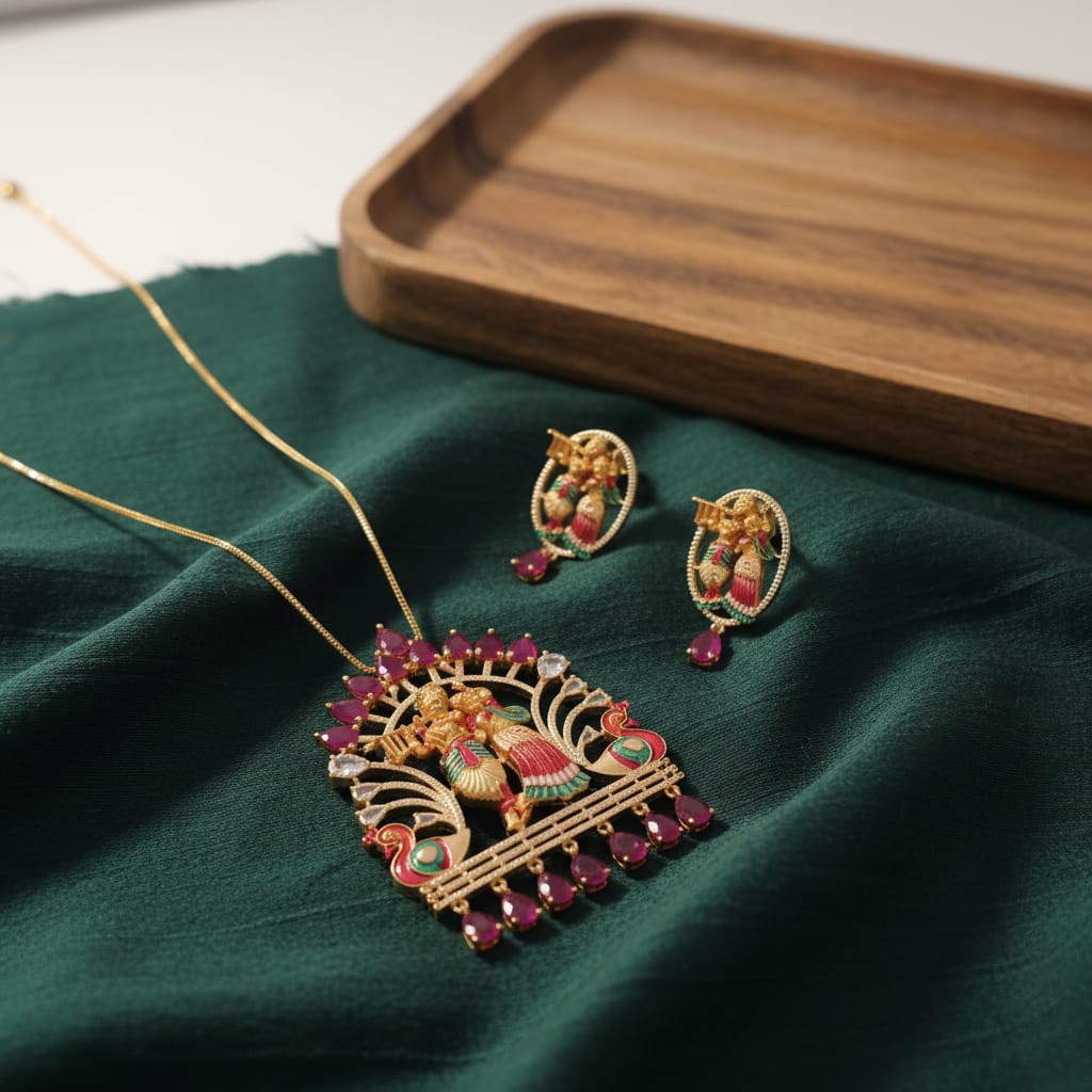 Radha Krishna CZ Chain Pendant Set with Earrings