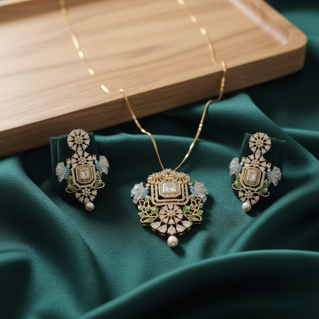 Meenakari CZ Floral Pendant Set & Earrings