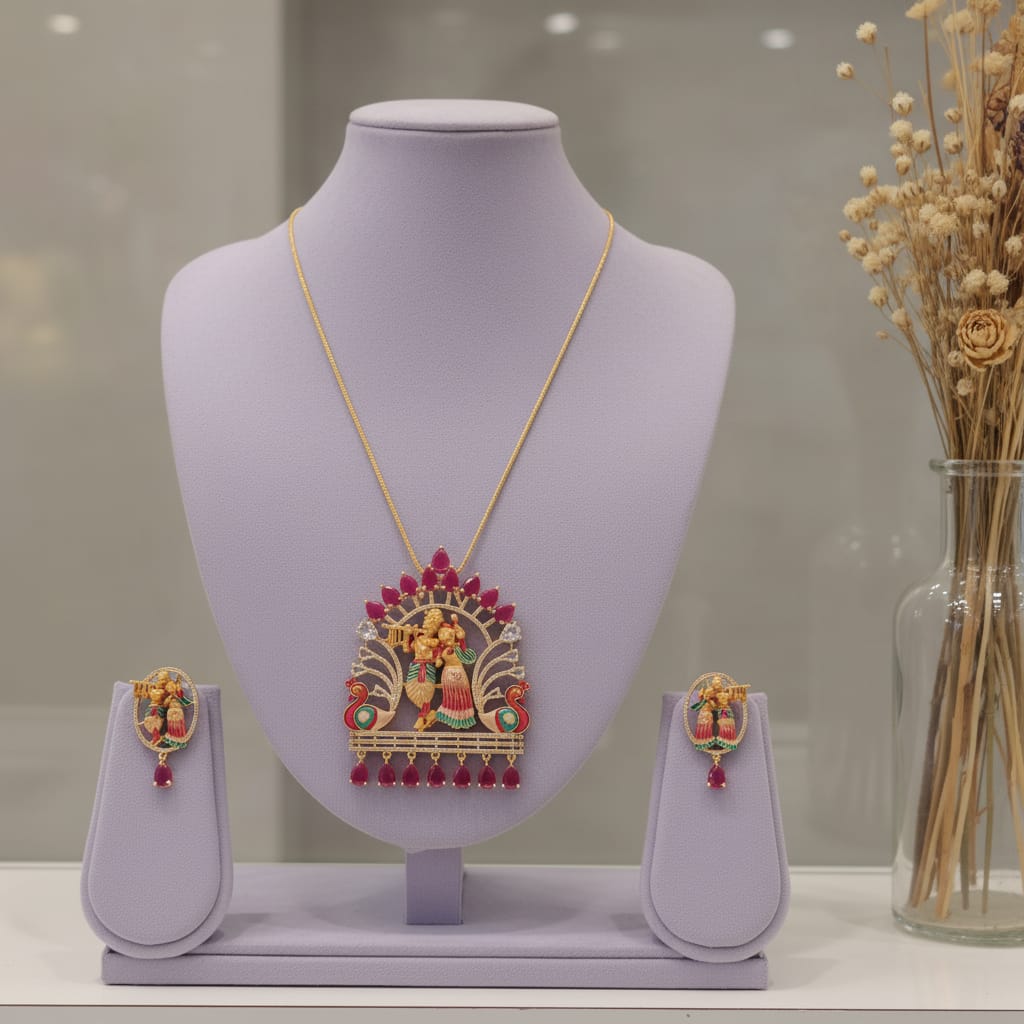 Radha Krishna CZ Chain Pendant Set with Earrings