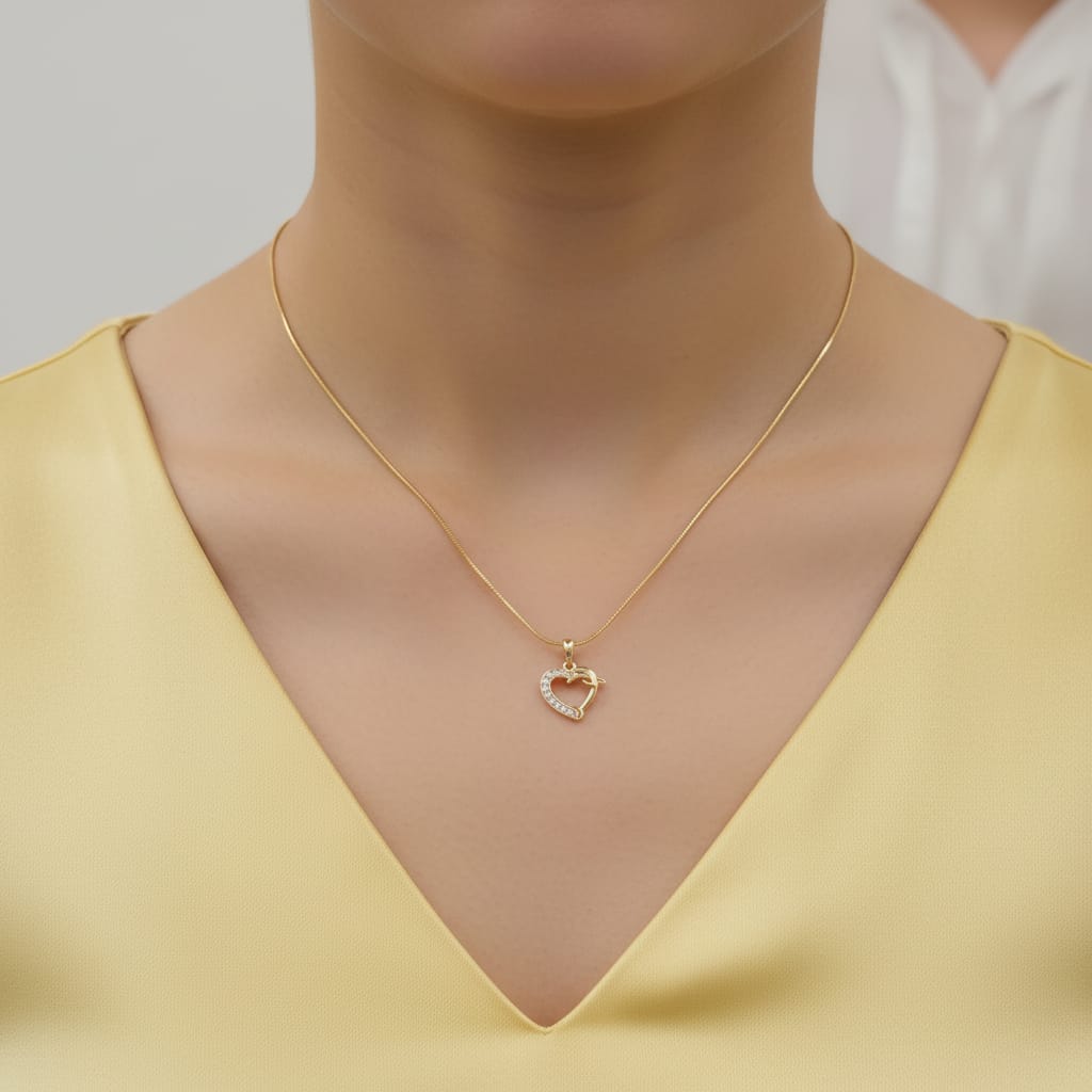 CZ Dolphin Heart Pendant Gold Chain