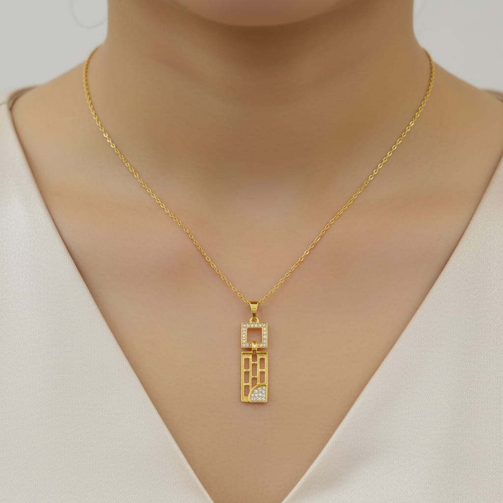 CZ Geometric Bar Pendant Micro Gold Chain