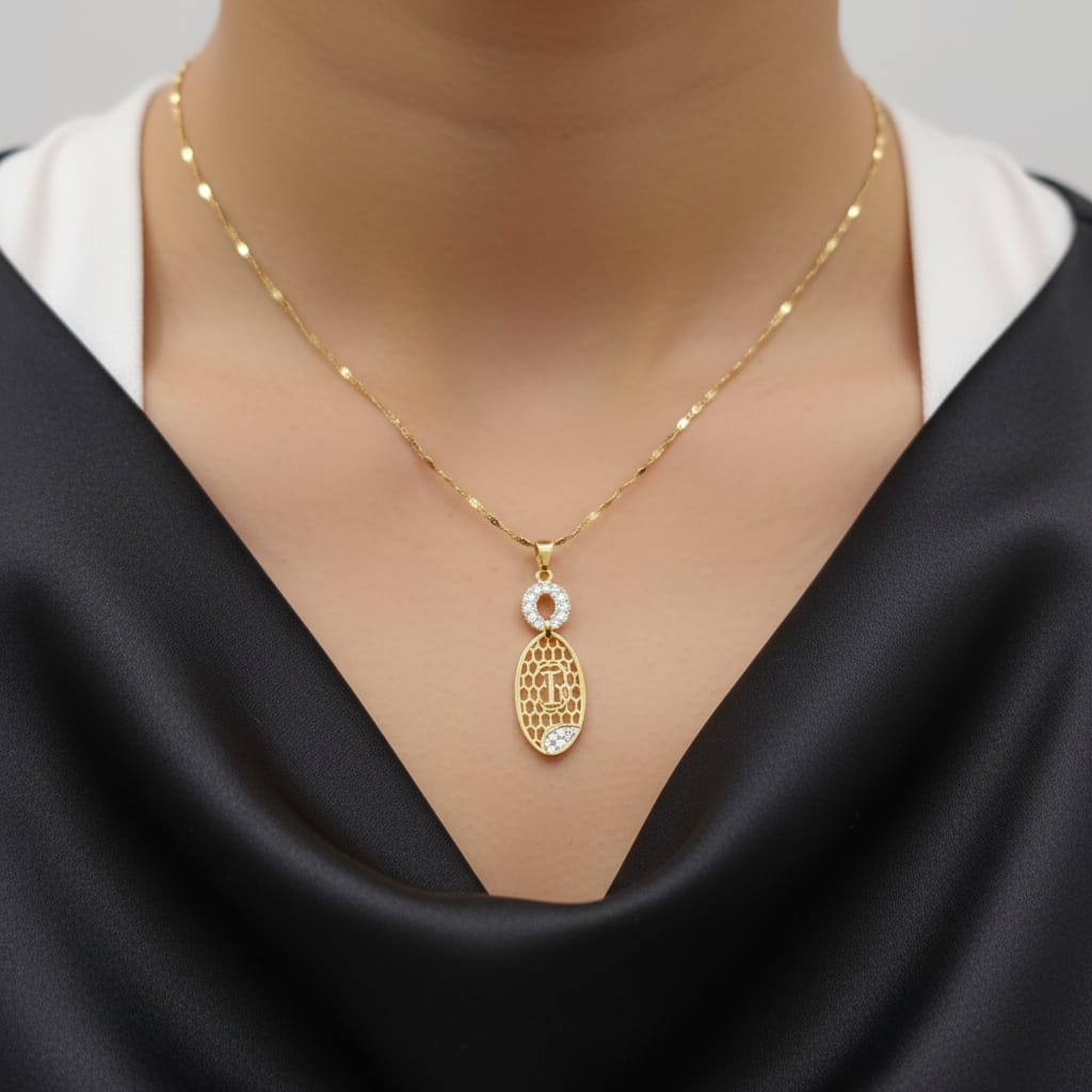 Honeycomb Oval CZ Pendant Micro Gold Chain