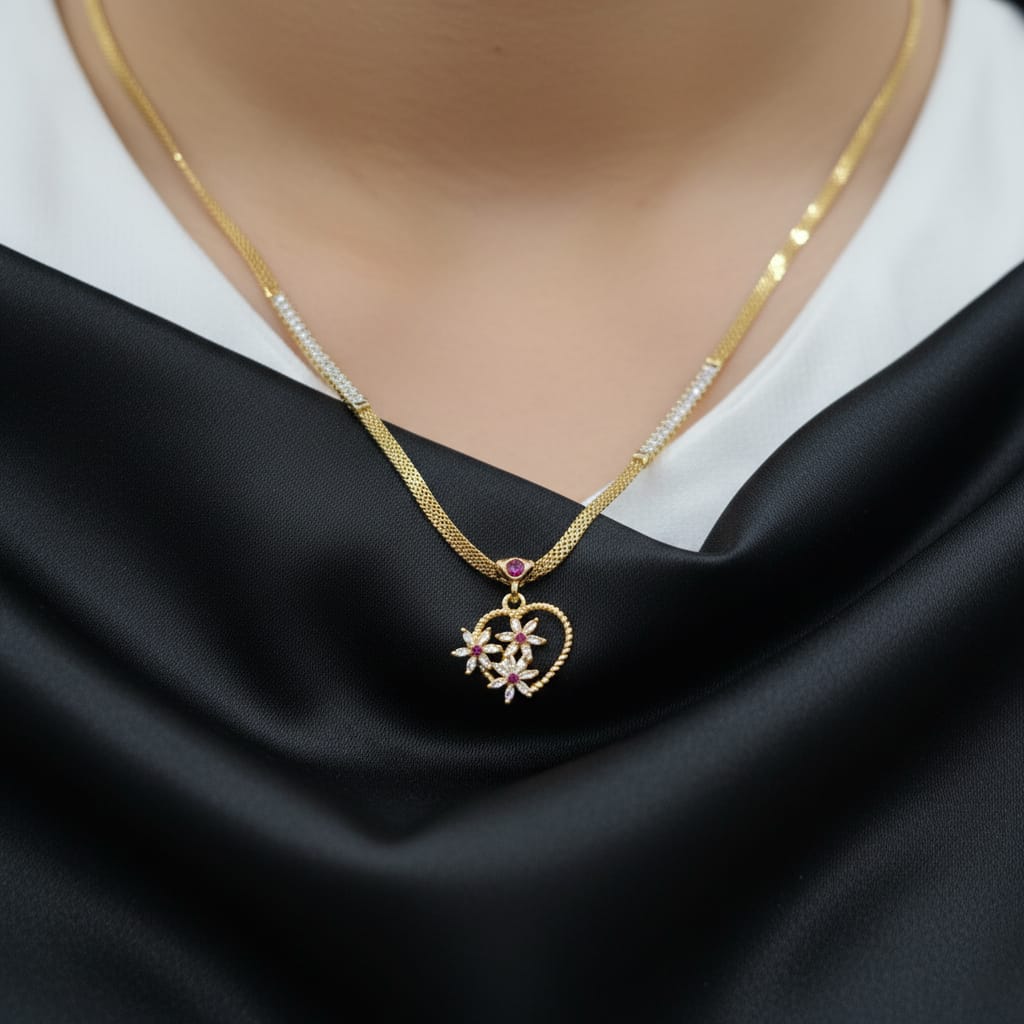 CZ Floral Heart Pendant with Gold Chain