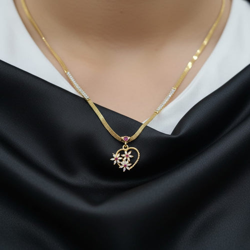 CZ Floral Heart Pendant with Gold Chain