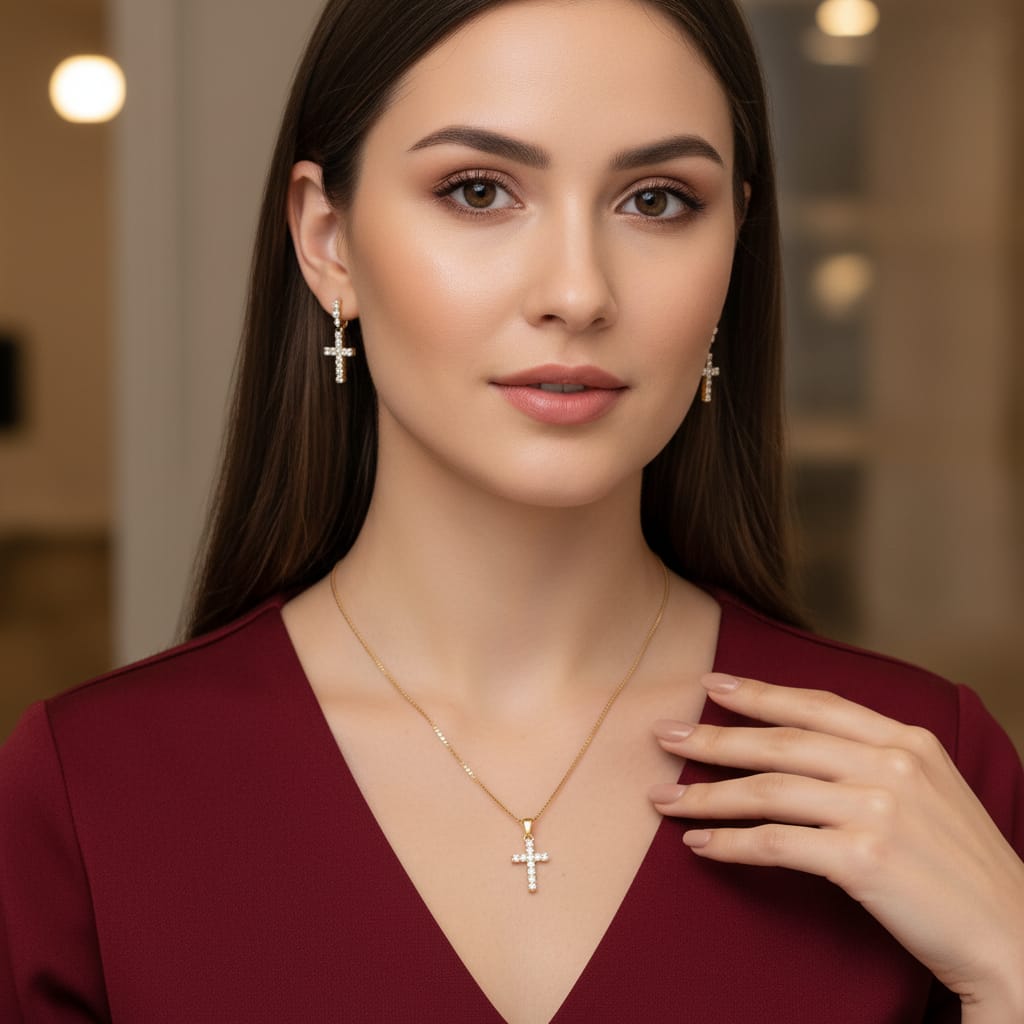 CZ Cross Pendant Micro Gold Chain