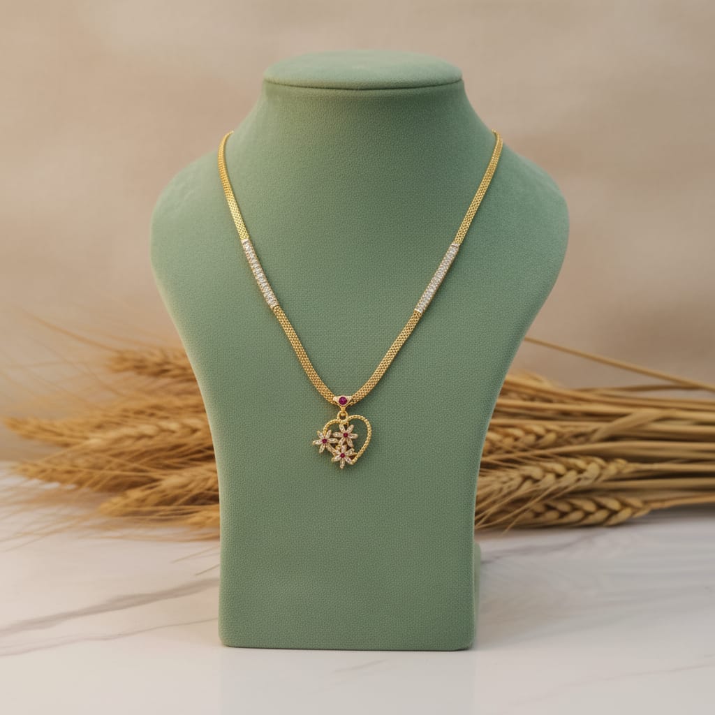 CZ Floral Heart Pendant with Gold Chain