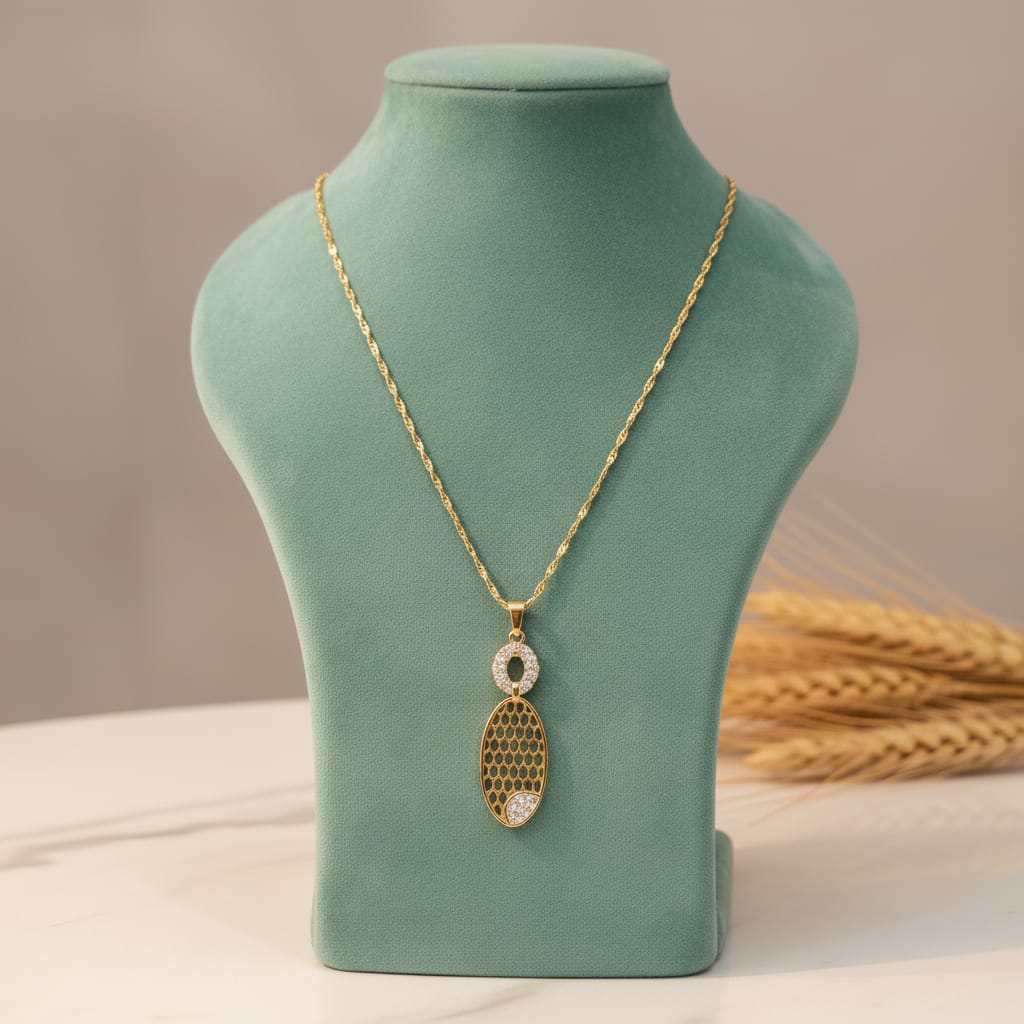 Honeycomb Oval CZ Pendant Micro Gold Chain