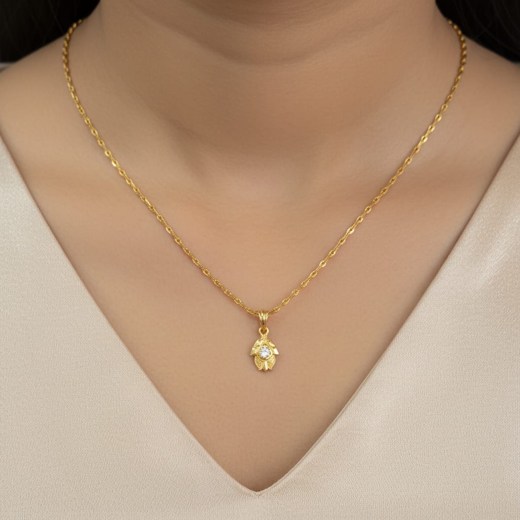 CZ Lotus Bud Gold Pendant Chain with Twisted Link