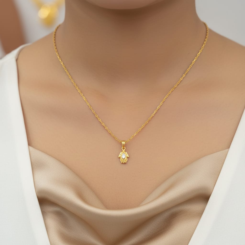 CZ Lotus Bud Gold Pendant Chain with Twisted Link