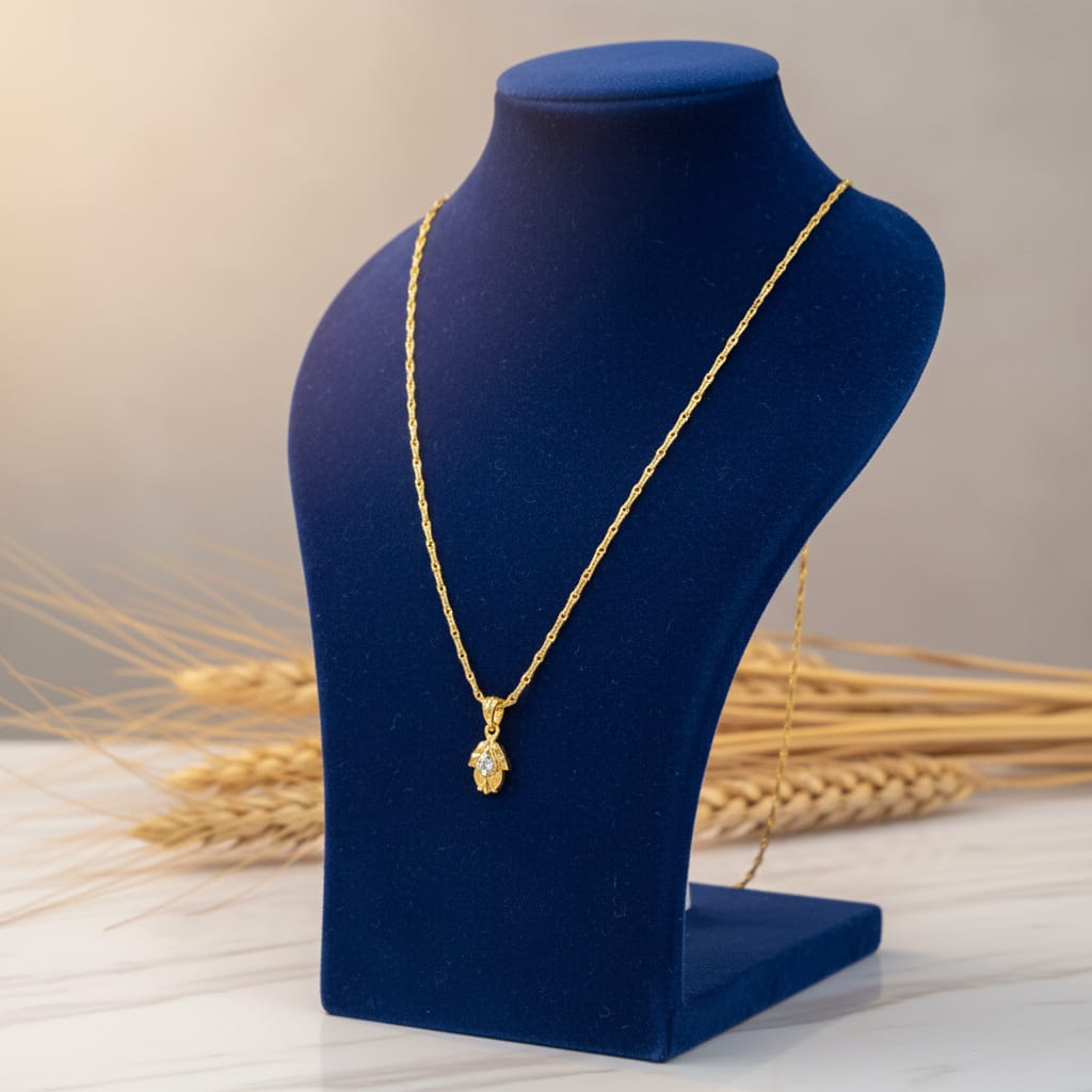 CZ Lotus Bud Gold Pendant Chain with Twisted Link