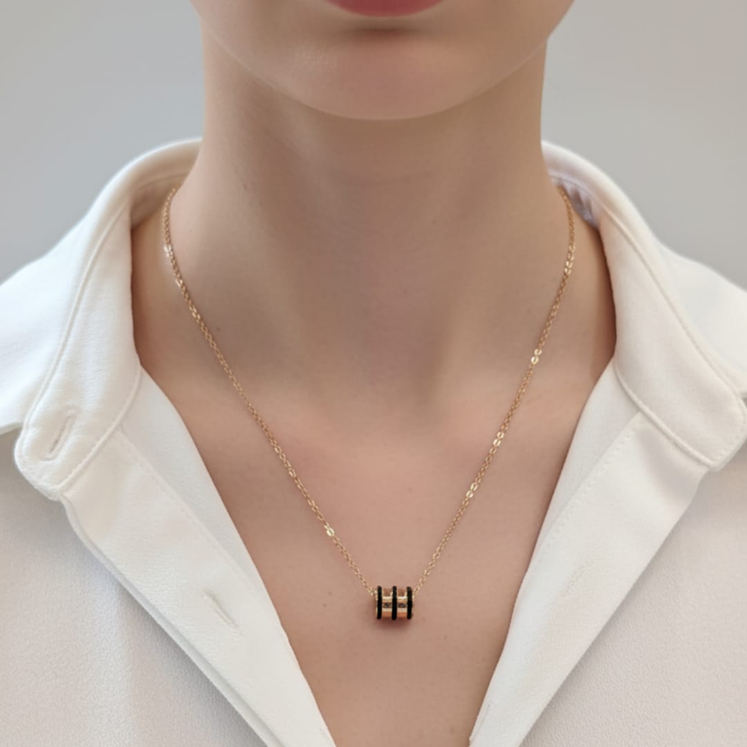 Premium Anti-Tarnish Steel Gold Black Enamel Triple Ring Barrel Pendant Chain