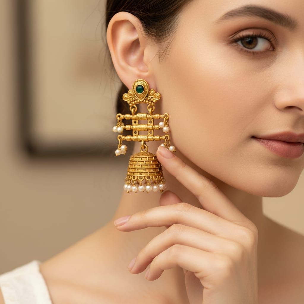 Antique Gold Jhumka Earrings with Pearl Drops & Green Stone