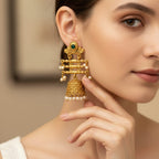 Antique Gold Jhumka Earrings with Pearl Drops & Green Stone