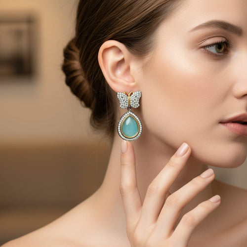 Butterfly CZ Earrings with Aqua Teardrop Stone
