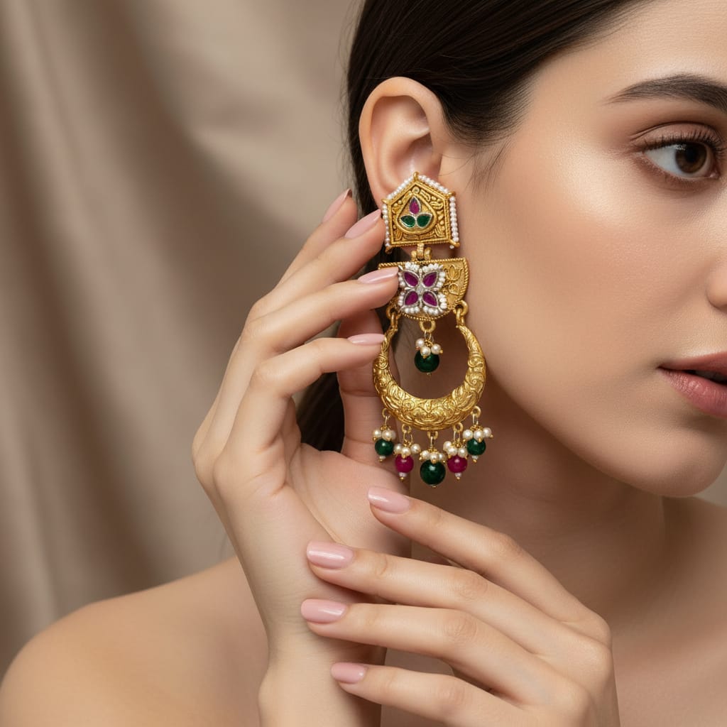 Polki Kundan Chandbali Earrings with Ruby Green Beads