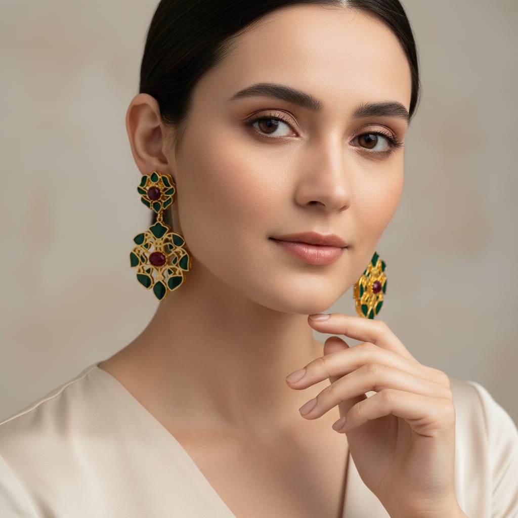 Meenakari Floral Drop Earrings with Gemstone Centre