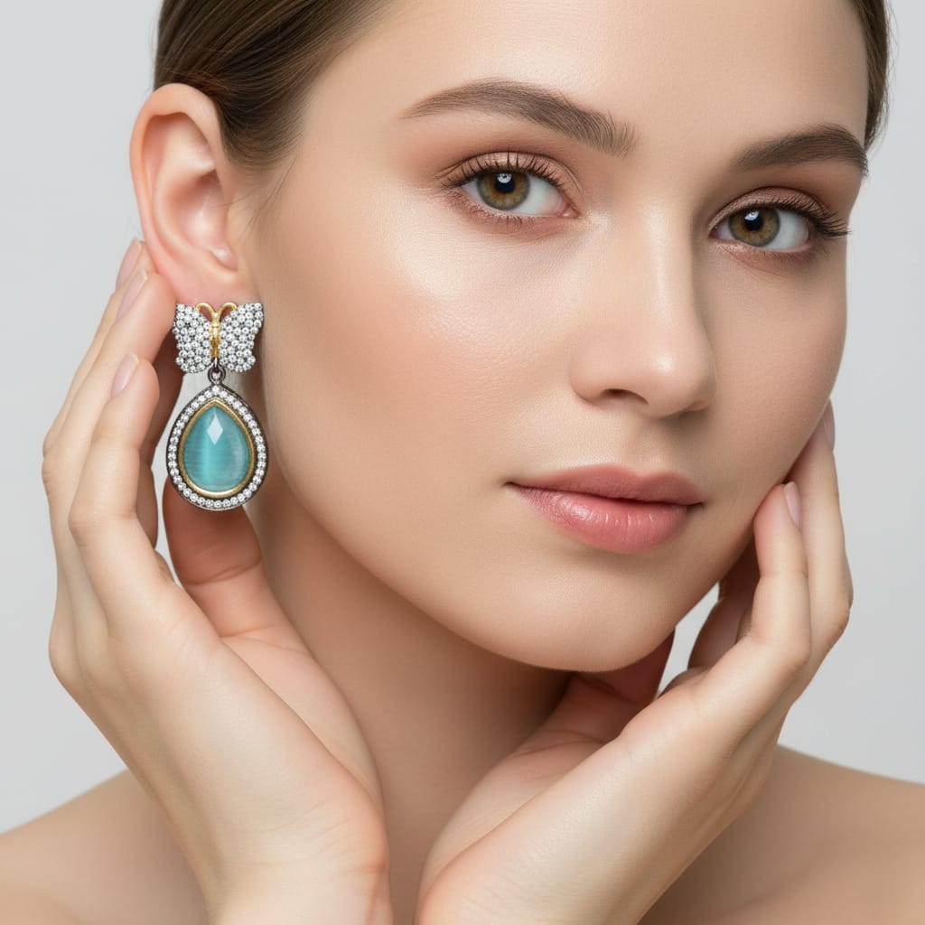 Butterfly CZ Earrings with Aqua Teardrop Stone
