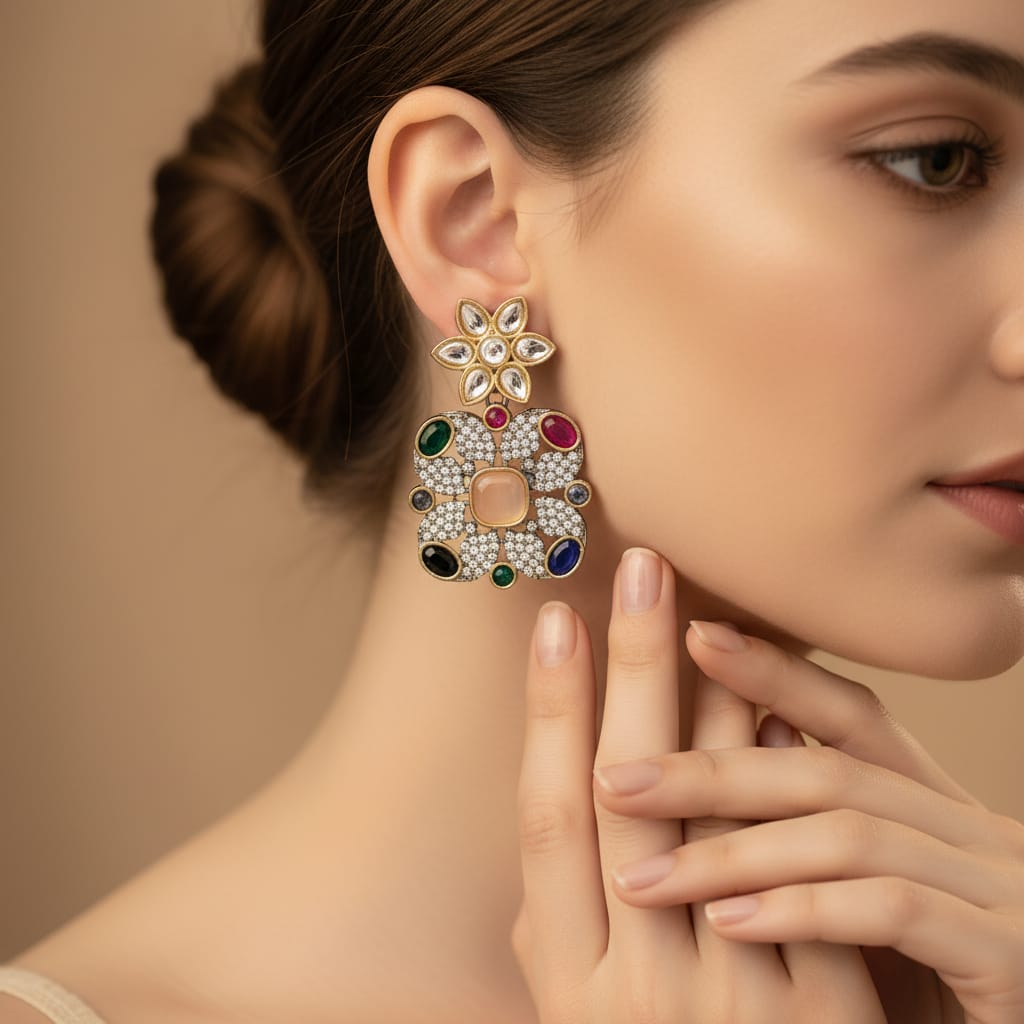 Kundan Navratna Square Drop Earrings