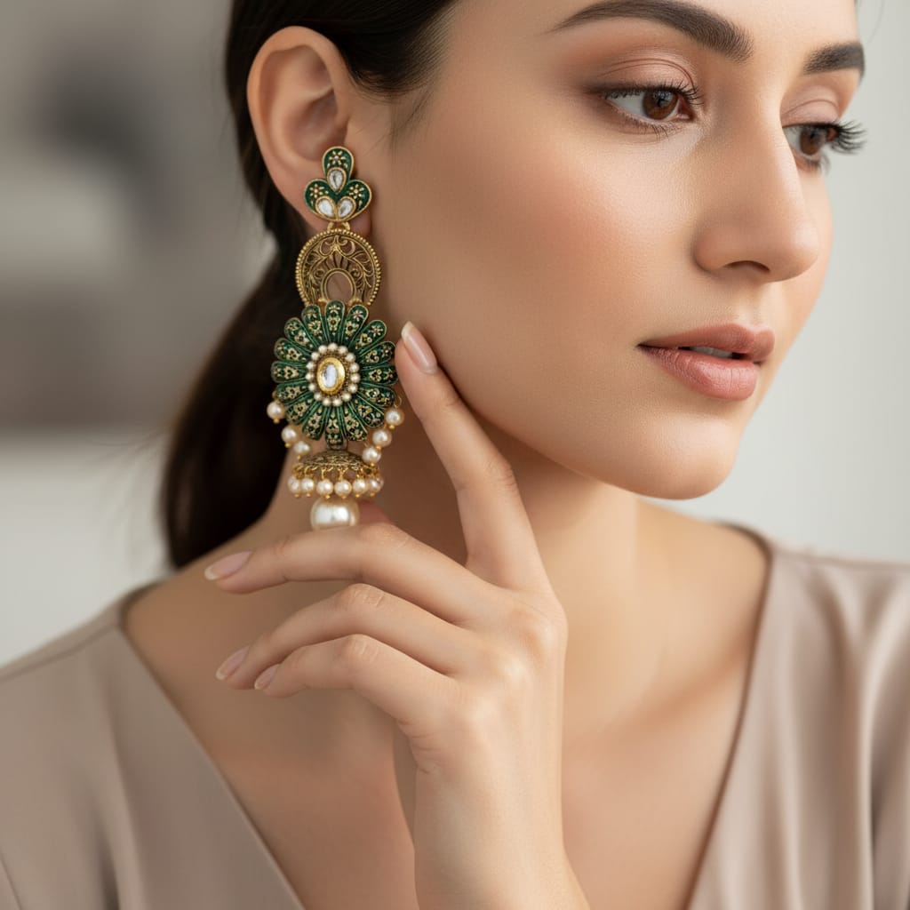 Meenakari Emerald Green Chandbali Dangle Earrings