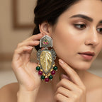 Dual Tone Leaf Earrings with Ruby & Emerald Beads