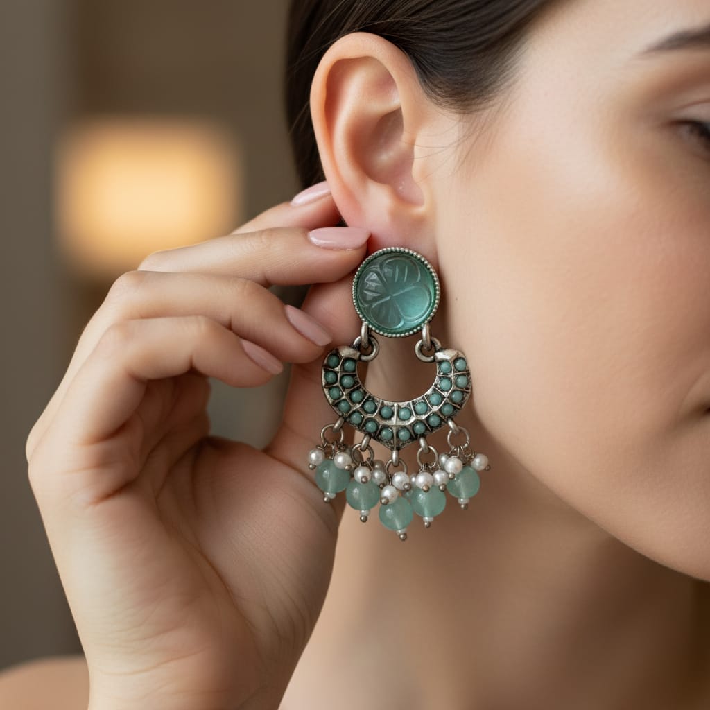 Oxidised Silver Chandbali Earrings with Carved Glass Top