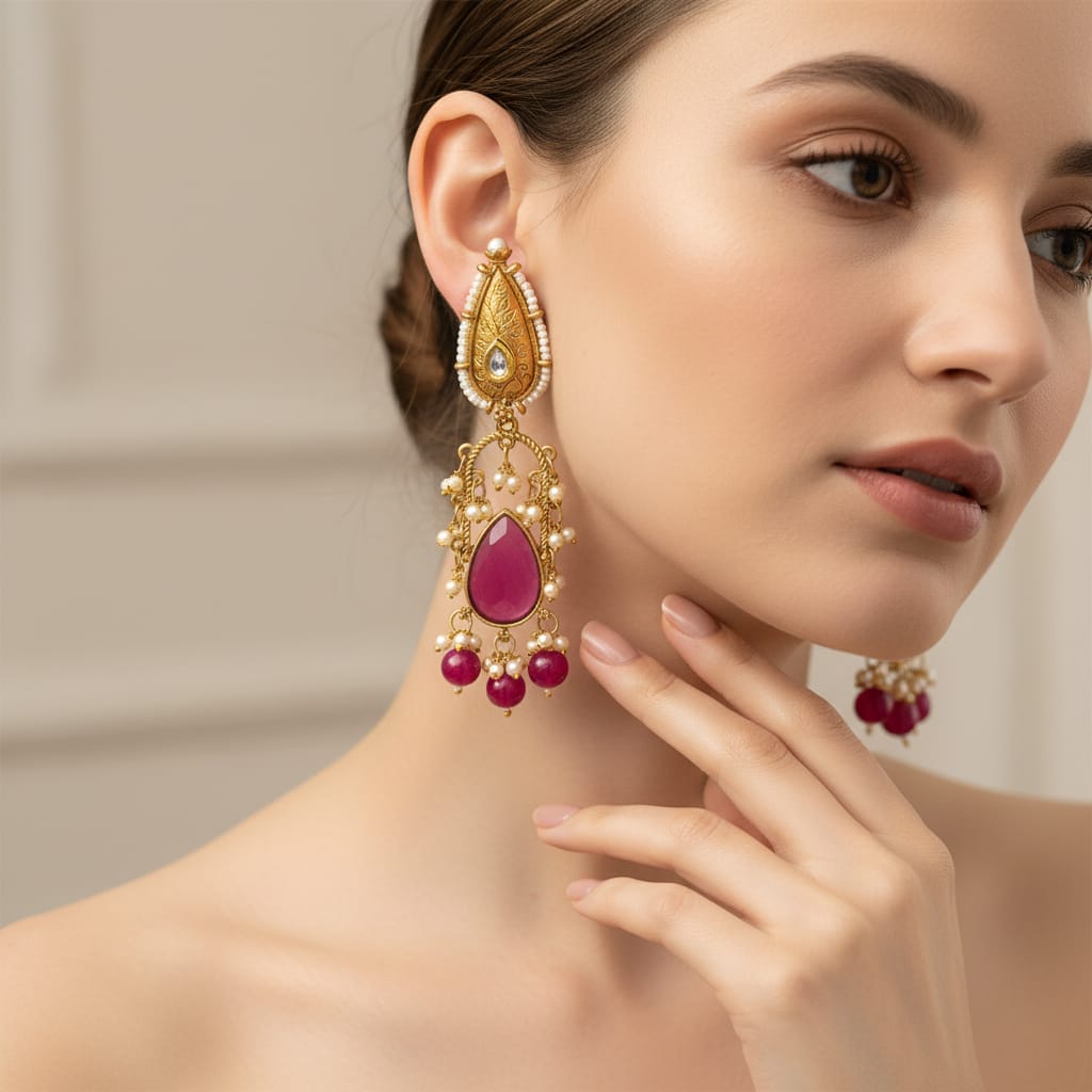 Ruby Polki Chandbali Earrings | Antique Gold with Pearl & Ruby Drops