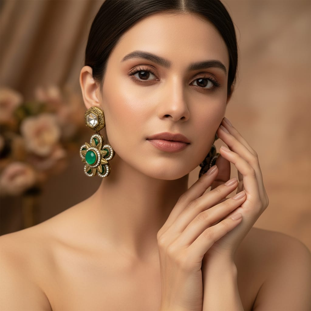 Antique Gold Polki & Floral Drop Earrings with CZ Starburs