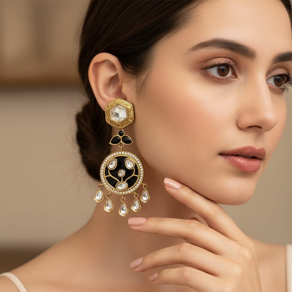 Black Meenakari Kundan Chandbali Earrings