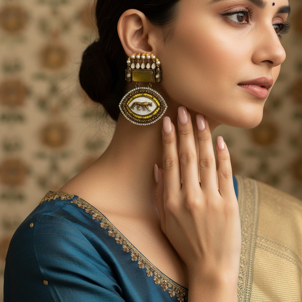 Antique Gold Tiger Motif Oval Drop Earrings