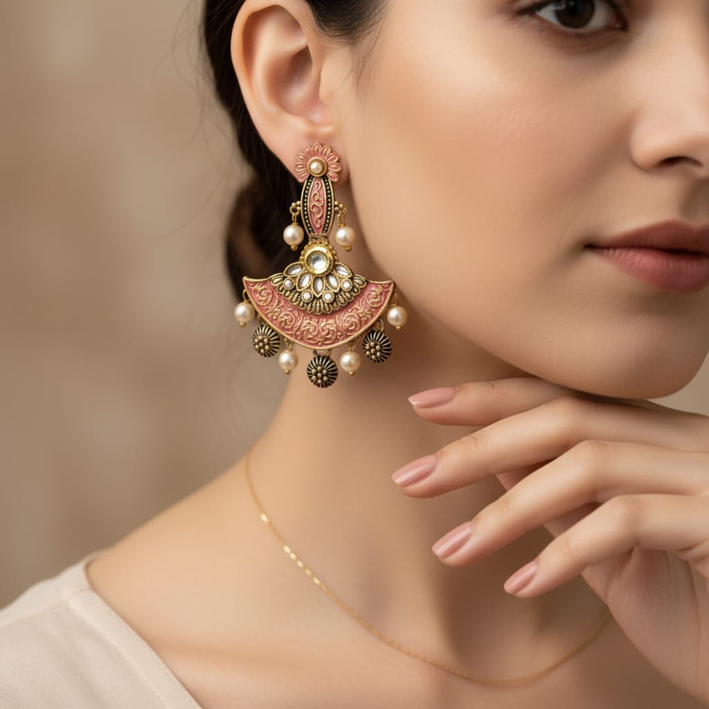 Peach Meenakari Kundan Chandbali Earrings with Pearl Drops