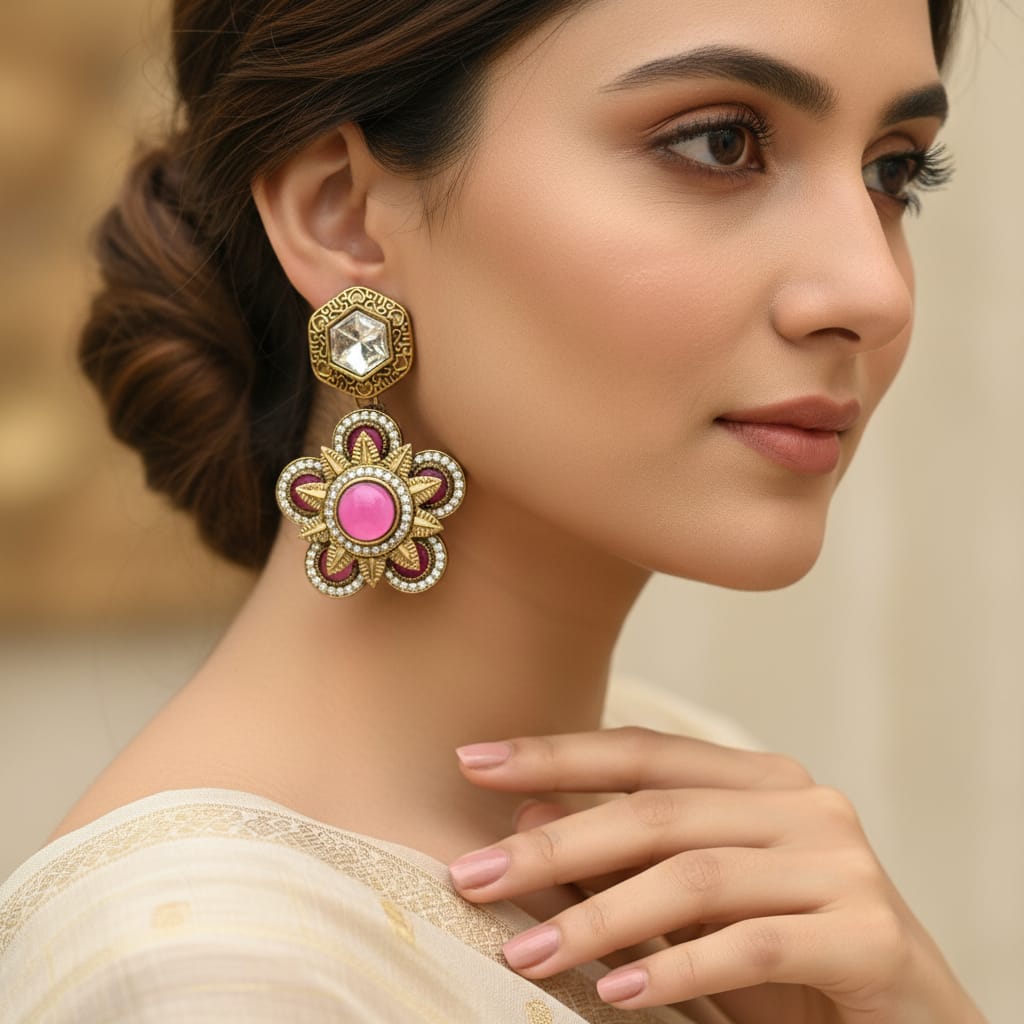 Antique Gold Polki & Floral Drop Earrings with CZ Starburs