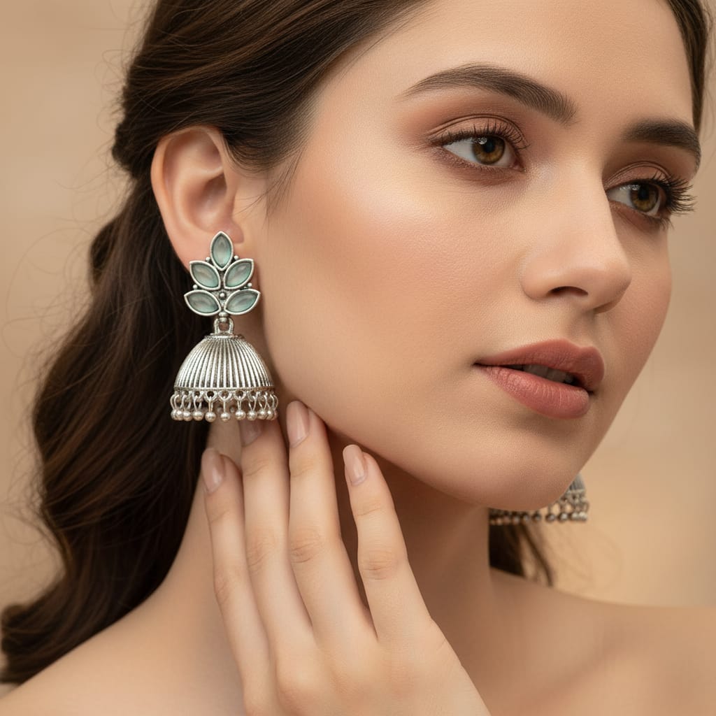 Oxidised Silver Jhumka Earrings with Aqua Marquise Lotus Top