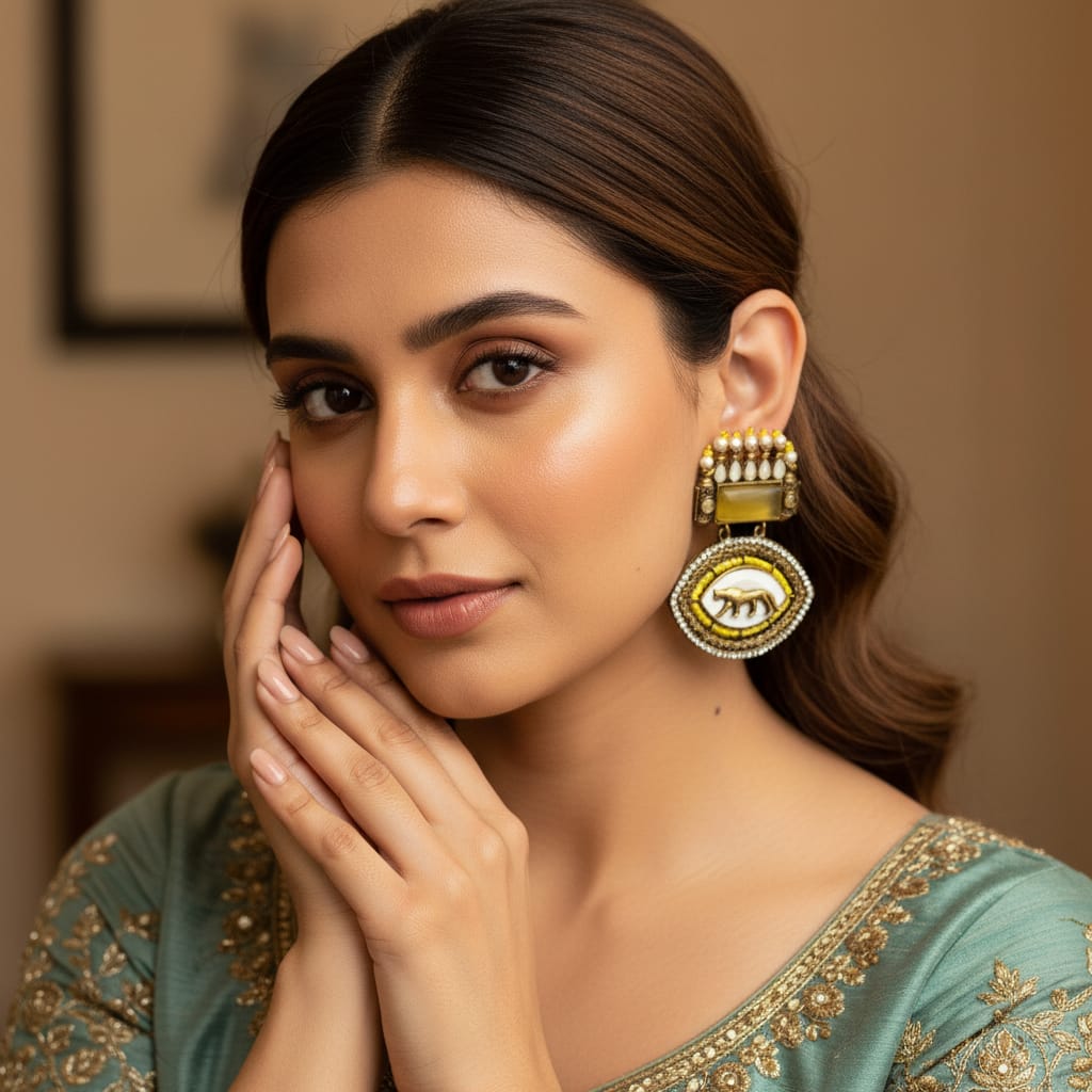 Antique Gold Tiger Motif Oval Drop Earrings