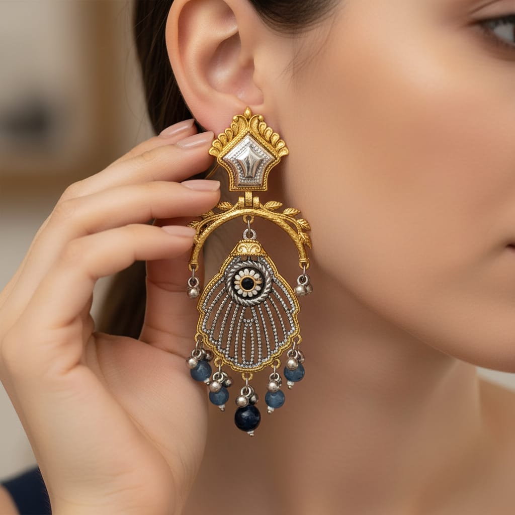 Rajwadi Dual Tone Chandbali Earrings with Mirror Kundan Top