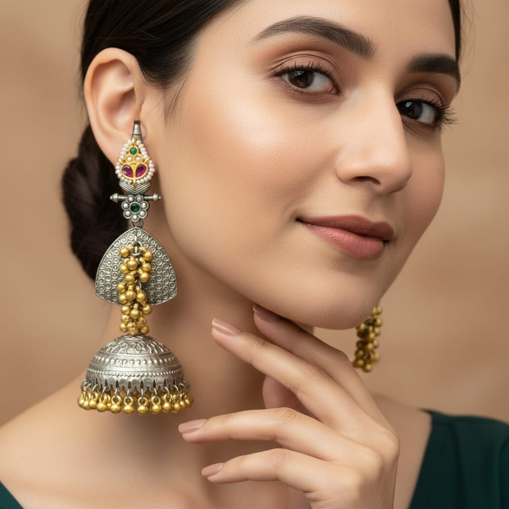 Dual Tone Long Jhumka Earrings | Kundan Ruby-Emerald Top & Gold Ghungroo Drops
