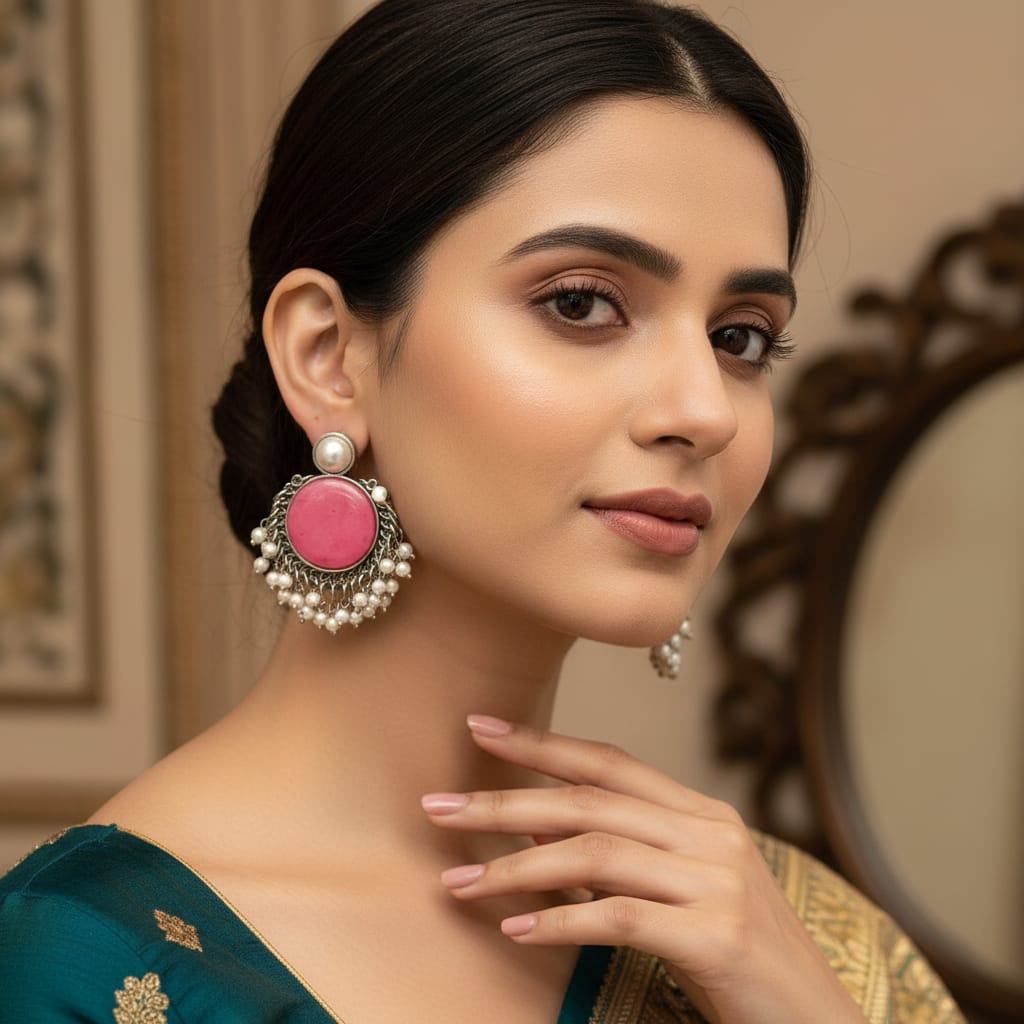 Pearl Stud Cabochon Chandbali Earrings with Seed Pearl Drops