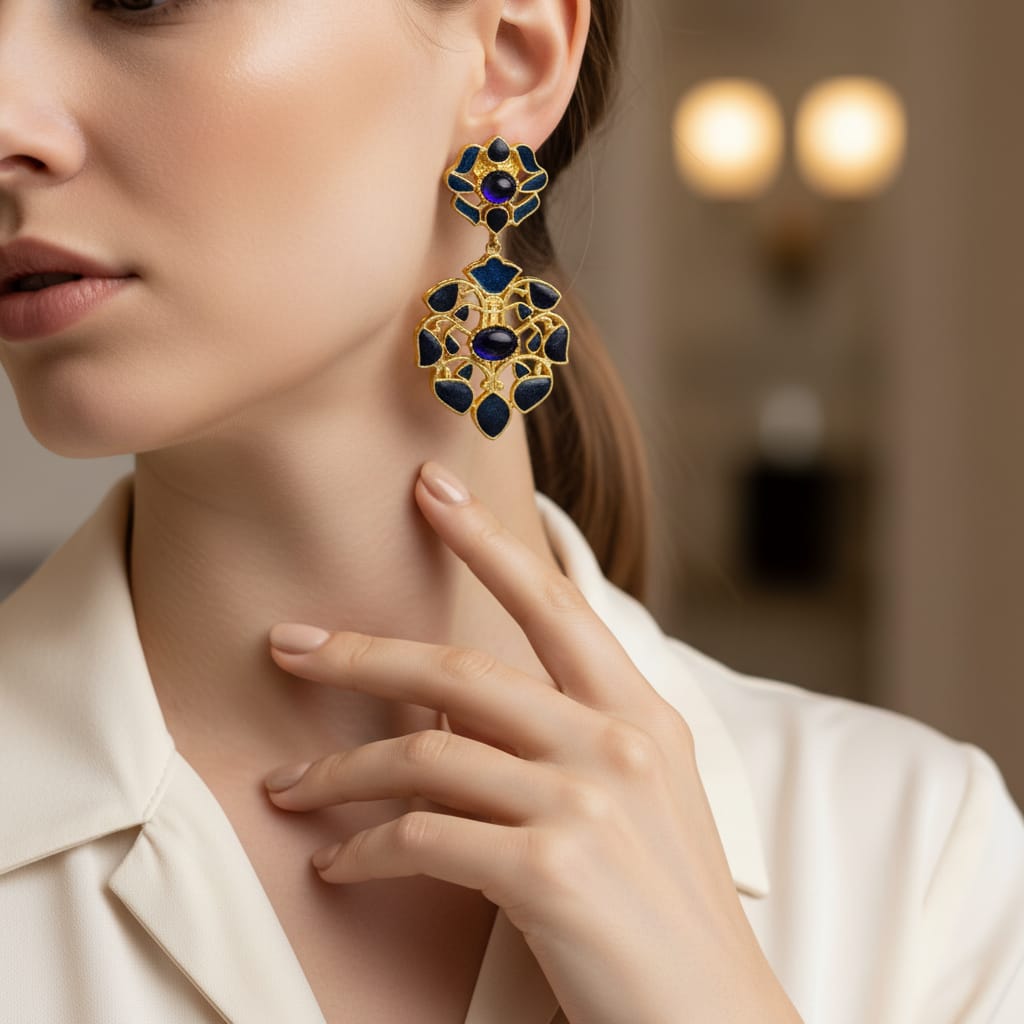 Meenakari Floral Drop Earrings with Gemstone Centre