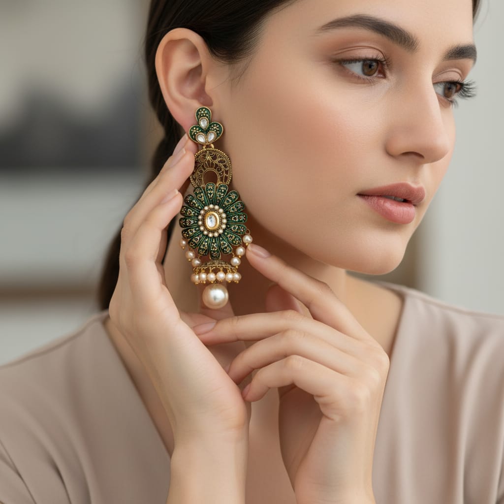 Meenakari Emerald Green Chandbali Dangle Earrings