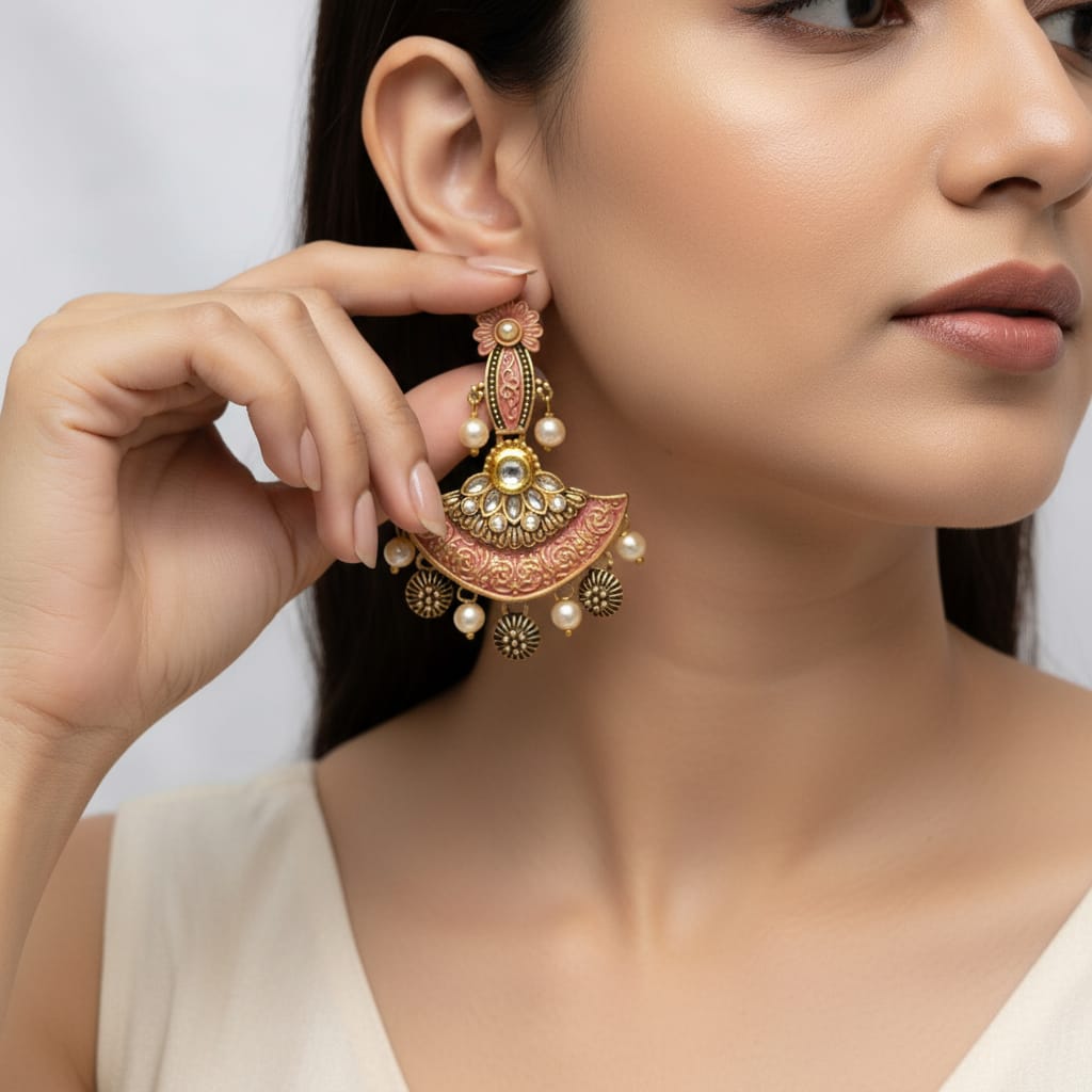 Peach Meenakari Kundan Chandbali Earrings with Pearl Drops