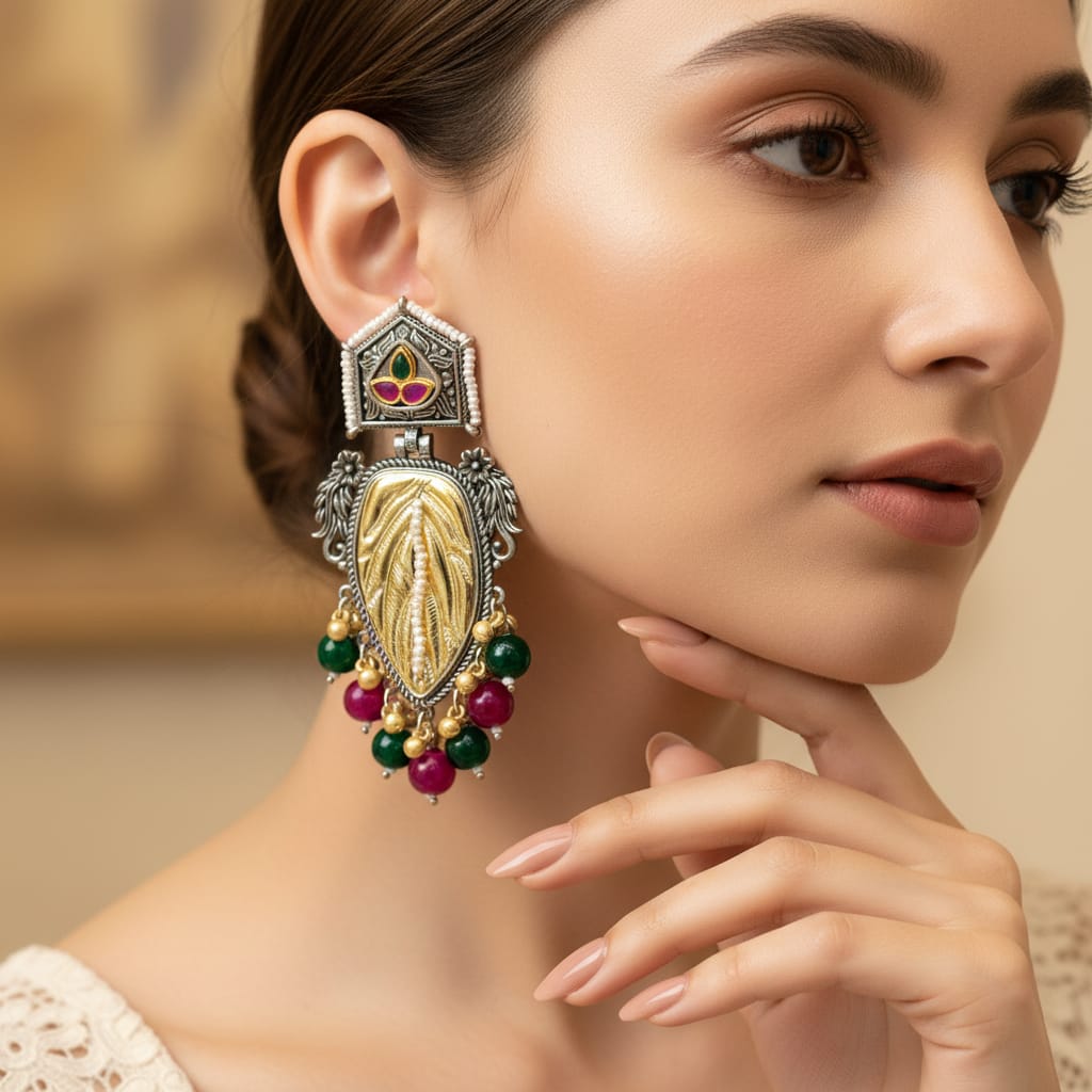 Dual Tone Leaf Earrings with Ruby & Emerald Beads