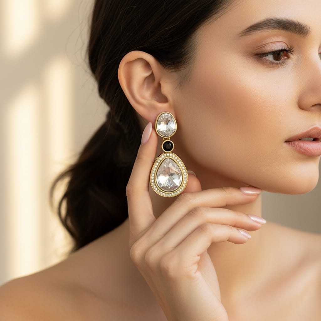 Antique Gold Polki Teardrop Drop Earrings