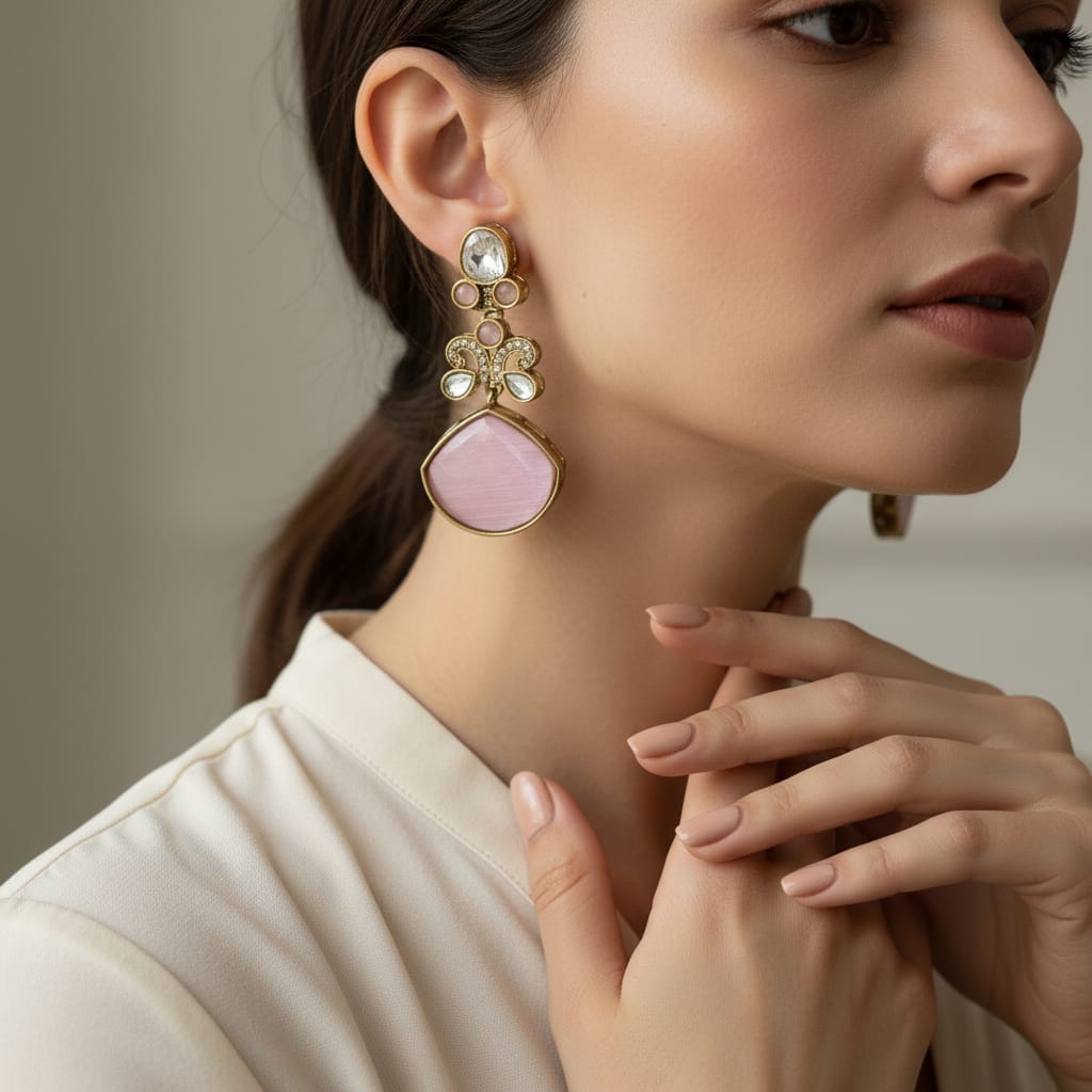 Polki CZ Butterfly Motif Stone Drop Earrings