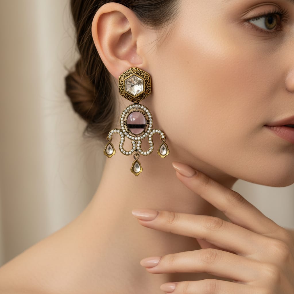 Polki Kundan Chandelier Earrings with Lavender Cabochon