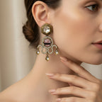 Polki Kundan Chandelier Earrings with Lavender Cabochon
