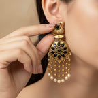 Antique Gold Swan Chandbali Earrings with Floral Disc