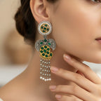 Emerald Green Stone Dual Tone Jhumka Earrings
