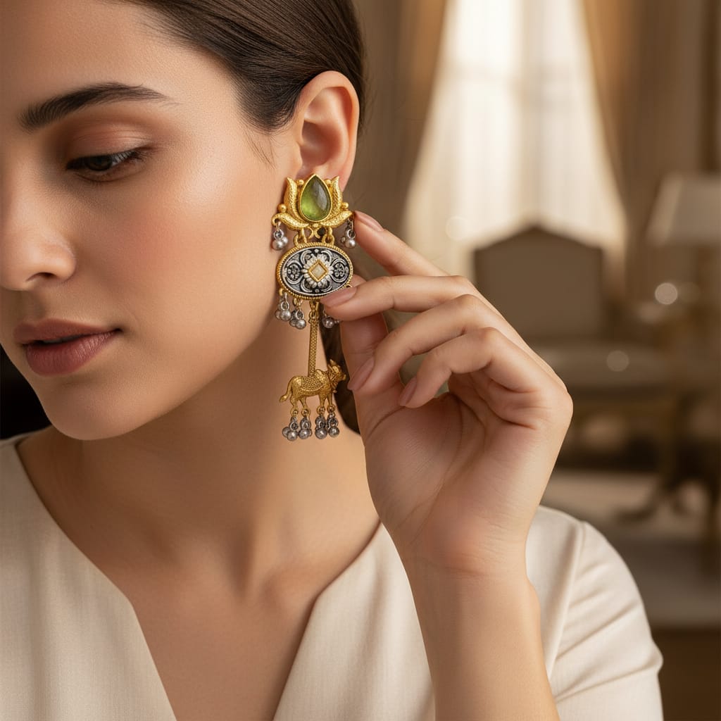 Nandini Dual Tone Lotus & Kamdhenu Earrings