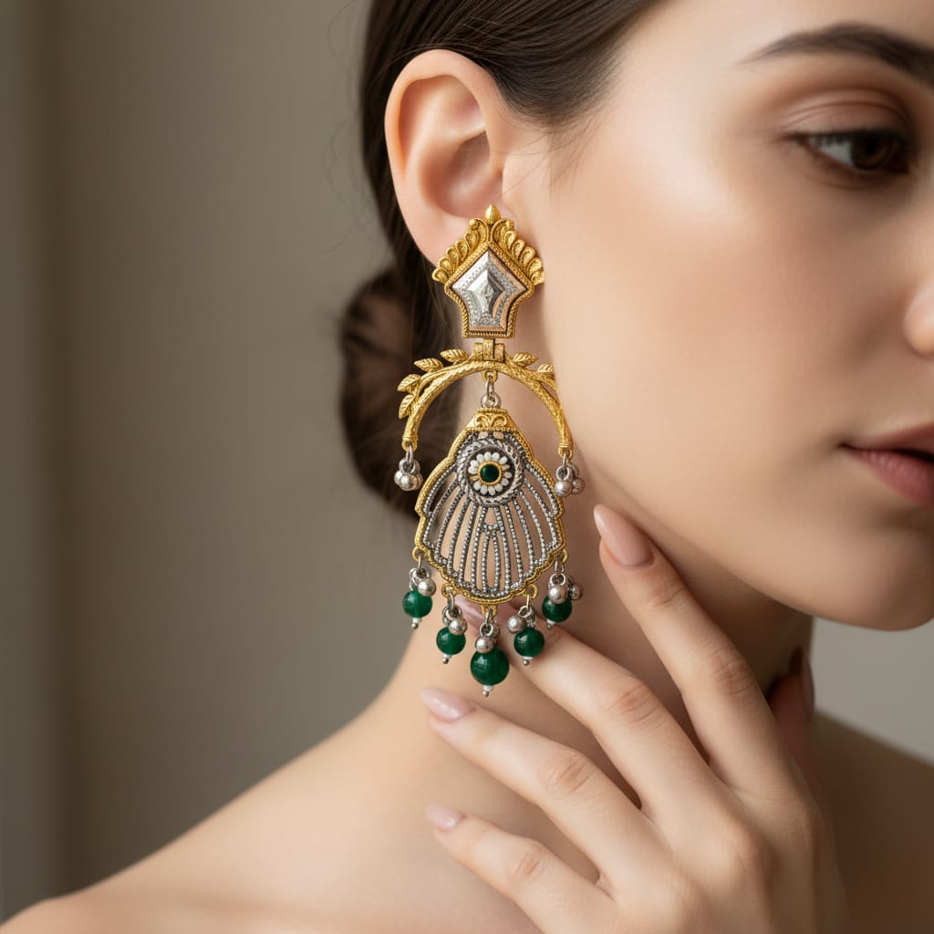 Rajwadi Dual Tone Chandbali Earrings with Mirror Kundan Top