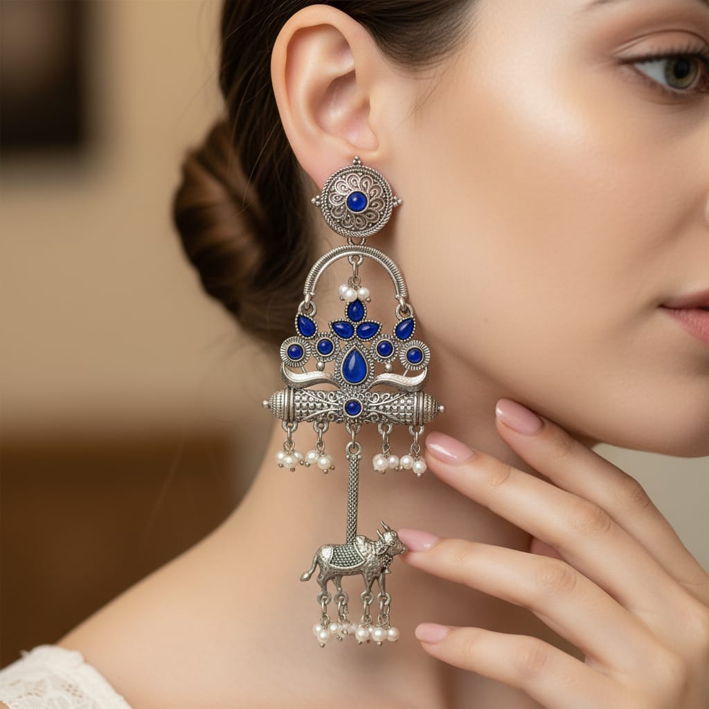 Kamdhenu Oxidised Silver Dangle Earrings with Blue Stone & Pearl Drops