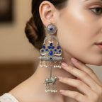 Kamdhenu Oxidised Silver Dangle Earrings with Blue Stone & Pearl Drops